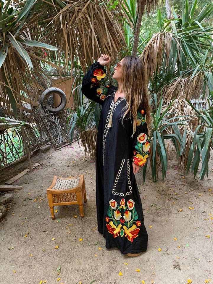 Gipci - Wholesale Kaftan - Women's - Boho Black Caftan, Long Sleeve Caftan Dress