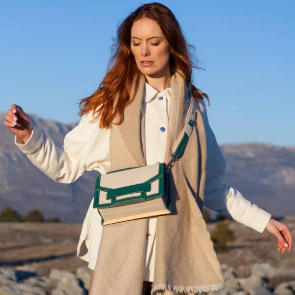 Alca Green Ostrich Leather And Linen Flip Bag for wholesale on Faire6