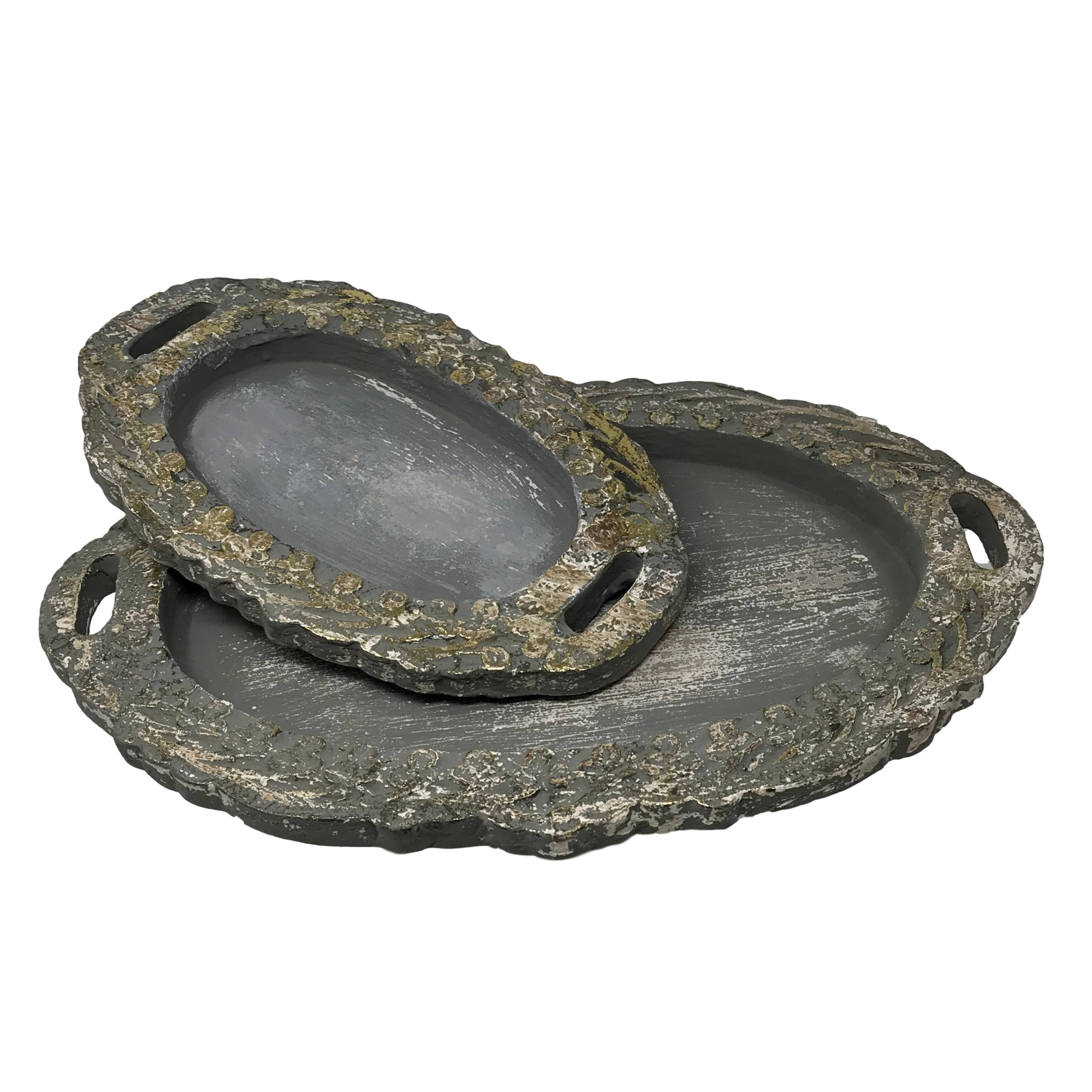 Wilco Home – Großhandel Deko-Tablett – Set aus 2 handgeschnitzten Holz LOUIS XIV Vanity Tray, grau/gold2