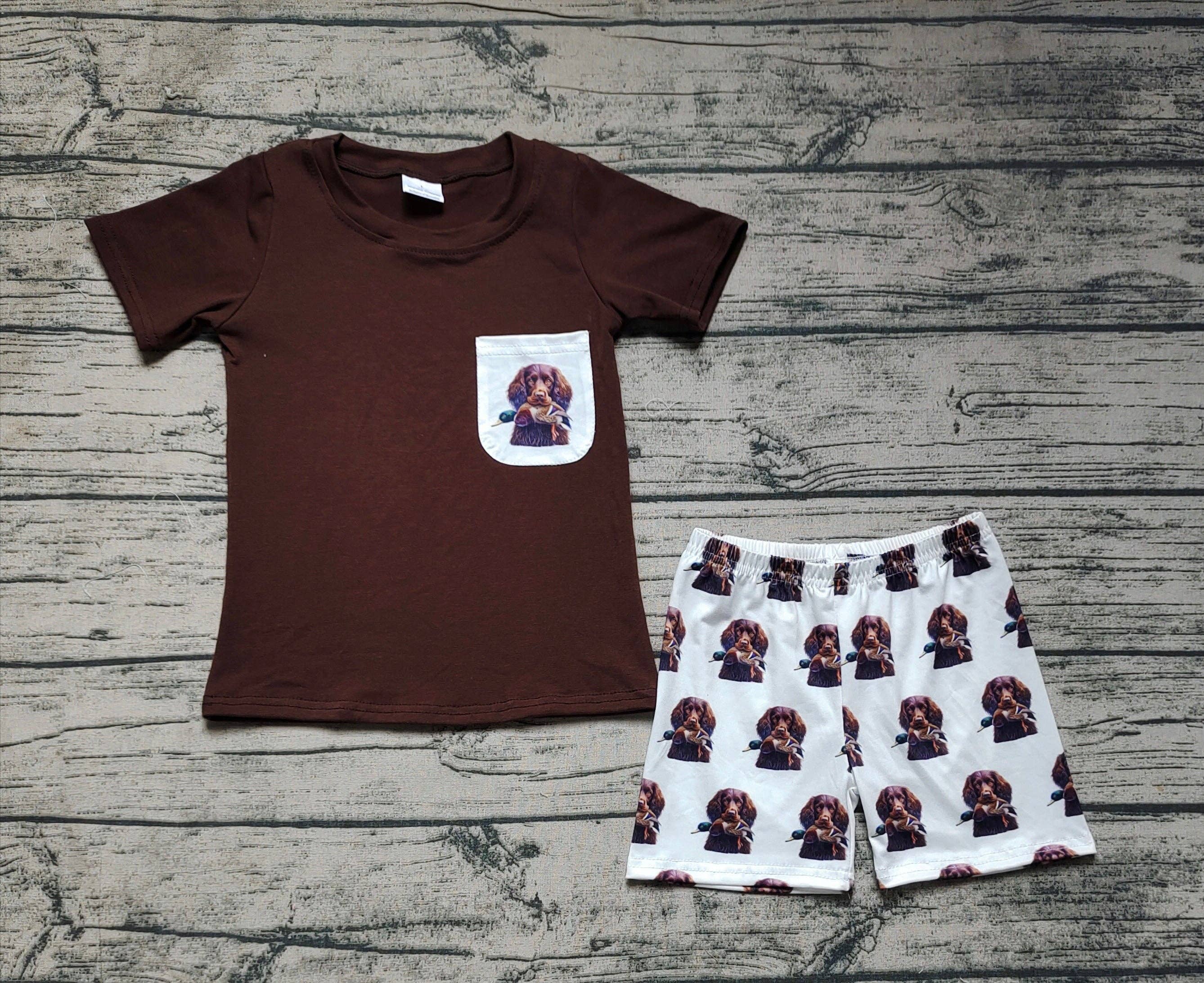Aier Wholesale - Wholesale Top & Short Set - Kids - Baby Boys Brown Pocket Shirt Dog Hunting Shorts Clothes Sets1