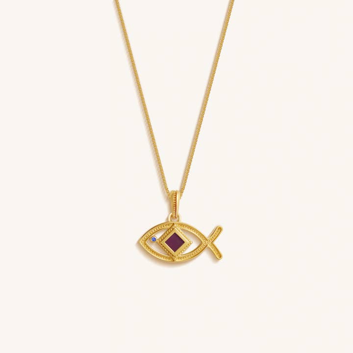 Collier Puce Nano Bible Ichthys Saphir Sagesse Infinie pour la vente par Karma And Luck