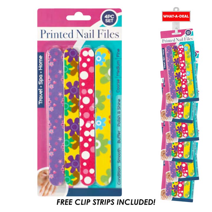 36pcs 4 Pack Printed Nail Files 7" each with 3 clip strips for wholesale by Deluxe Import Trading