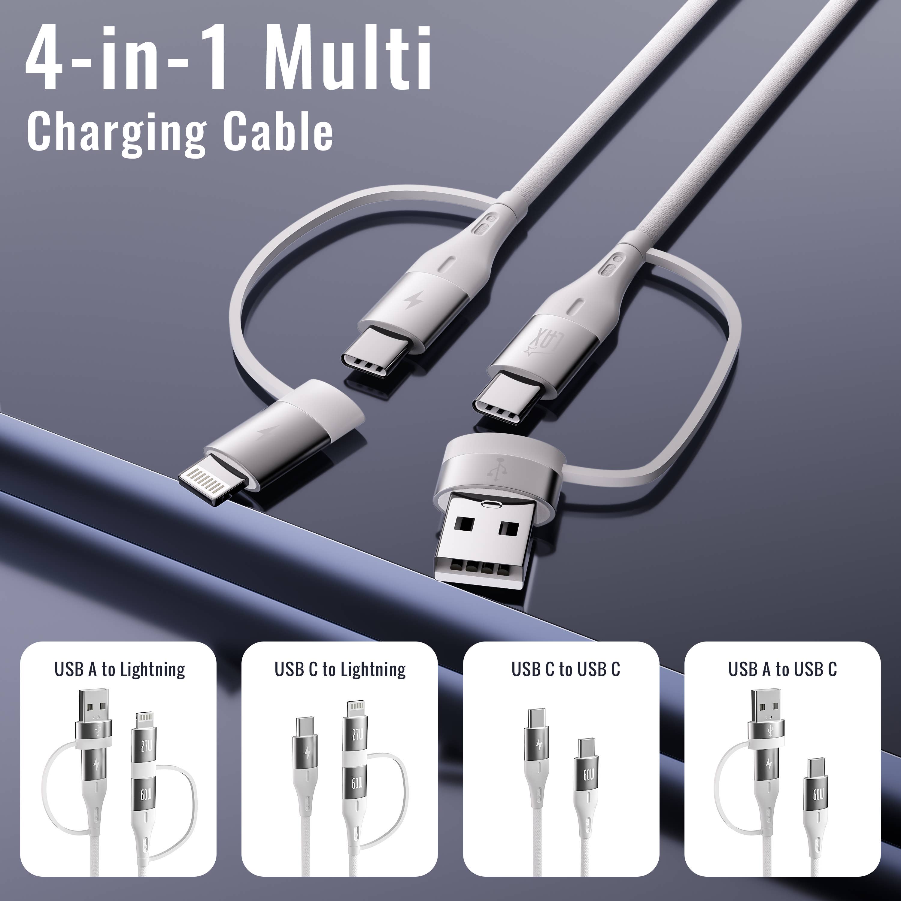 LAX Gadgets - Wholesale Portable Charger - USB PD 20W Wall Charger + 6ft 4-in-1 Linear Cable- Retail3