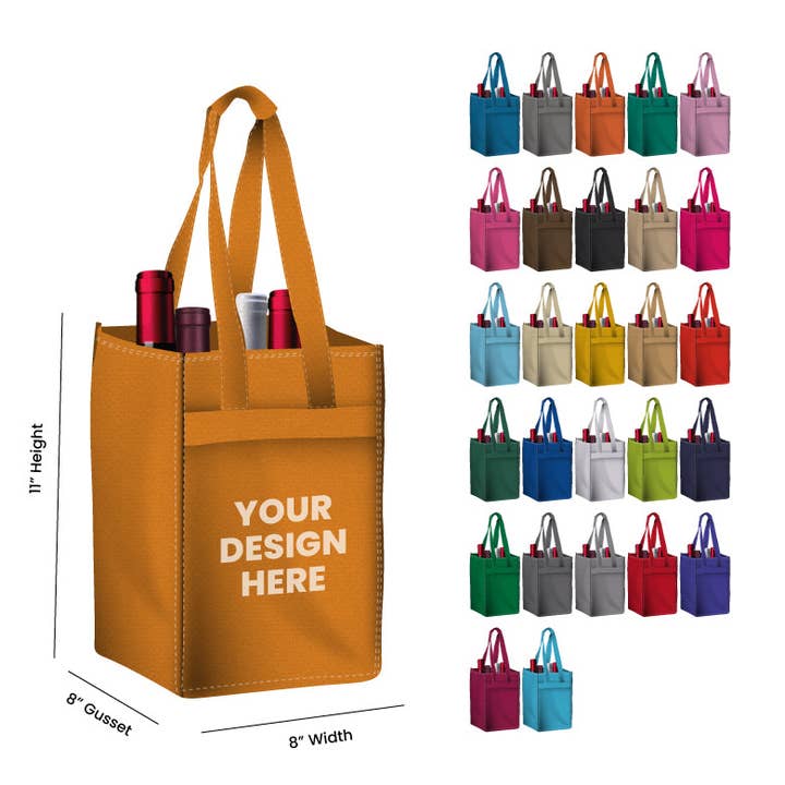 Non Woven Totes - Wholesale Wine Tote - Reusable 4-Bottle Wine Tote Bag-8x11x8 with Bottom Gusset | Custom Printed Wine Totes