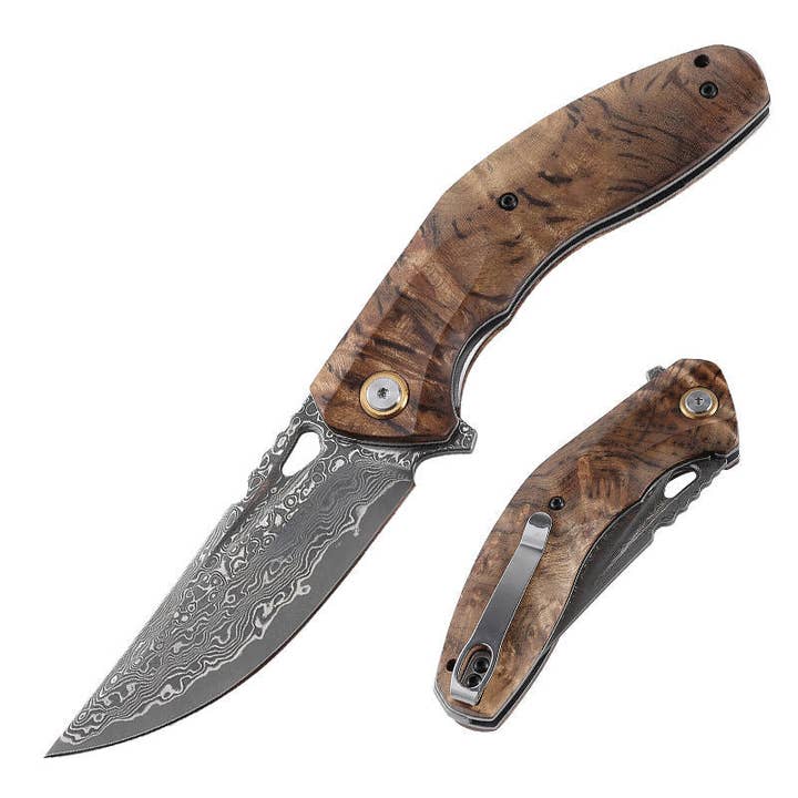 Shokunin USA - Vente Couteau de poche/étui - Couteau de poche Tomahawk Damascus avec manche en bois d'olivier