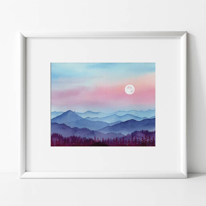 Fridfullt Berg Månrise Akvarell Konsttryck för wholesale av Shelby Thayne Art
