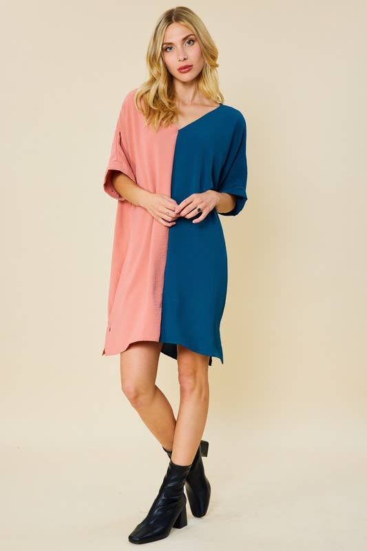 Peace Love Line - Vendita all'ingrosso Vestito - Donna - MINI ABITO CON SCOLLO A V COLOR BLOCK2
