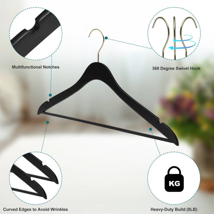 Quality Hangers - Wholesale Clothes Hangers - WS70 Ultra Slim Suit Hangers with Pant Bar Black/gold - 100