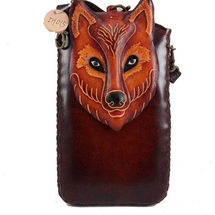 Custodia per cellulare in pelle fatta a mano con lupo per la vendita all'ingrosso da parte di Sunflower Handmade leather inc