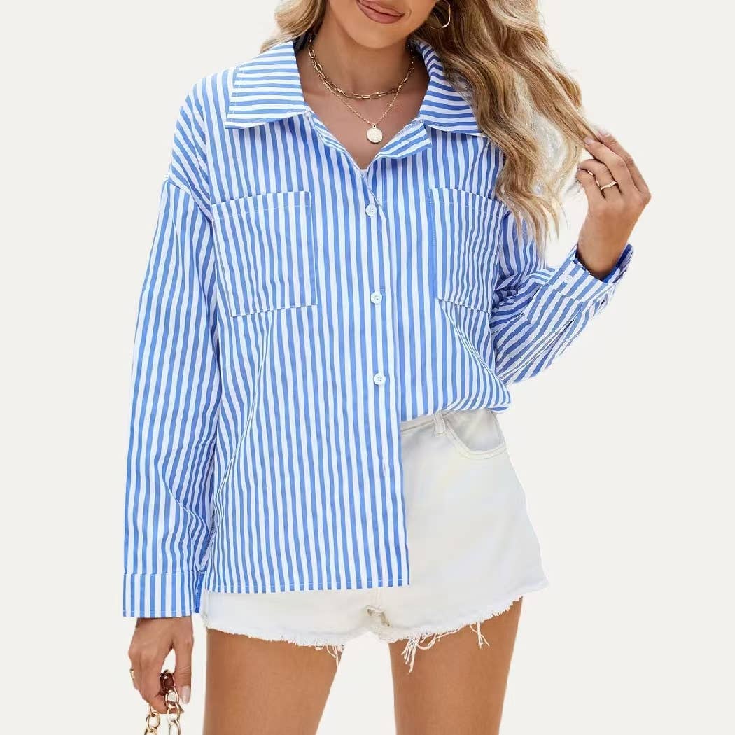 The Moment Collection - Wholesale Button Down Shirt - Women's - Classic Striped Print Collared Neck Button Up Boxy Shirt2