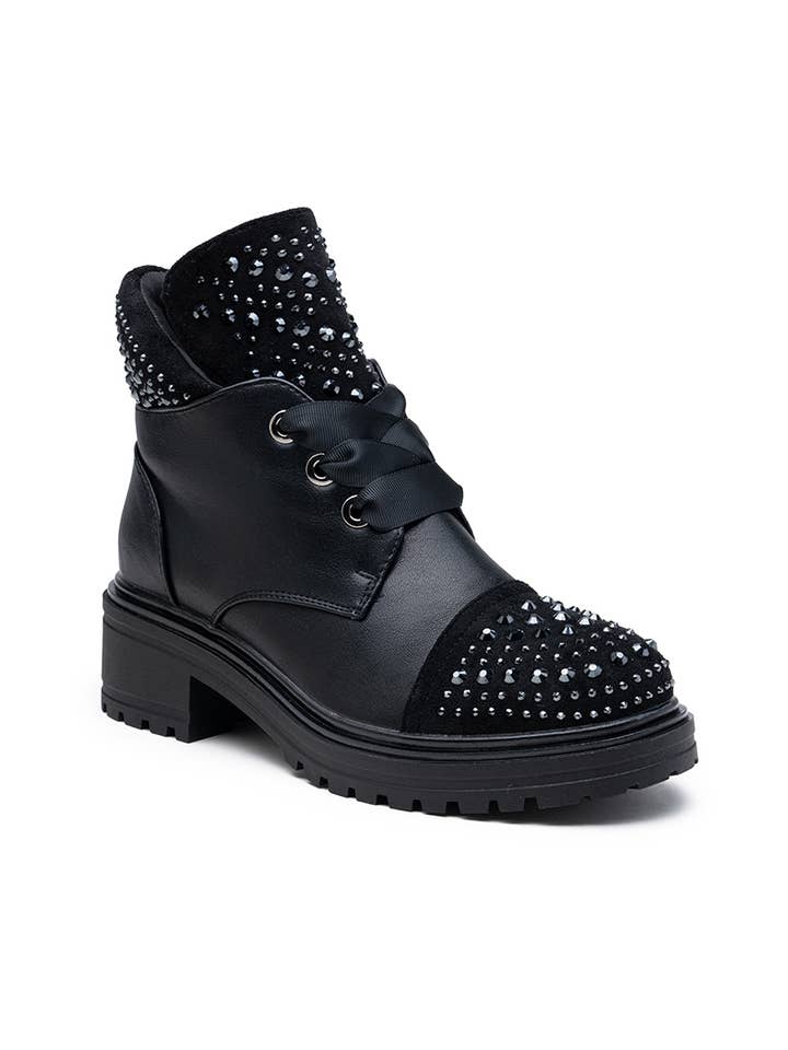 LADY GLORY - Wholesale Combat/Military Boots - Women's - Faux leather ankle boots with rhinestones3