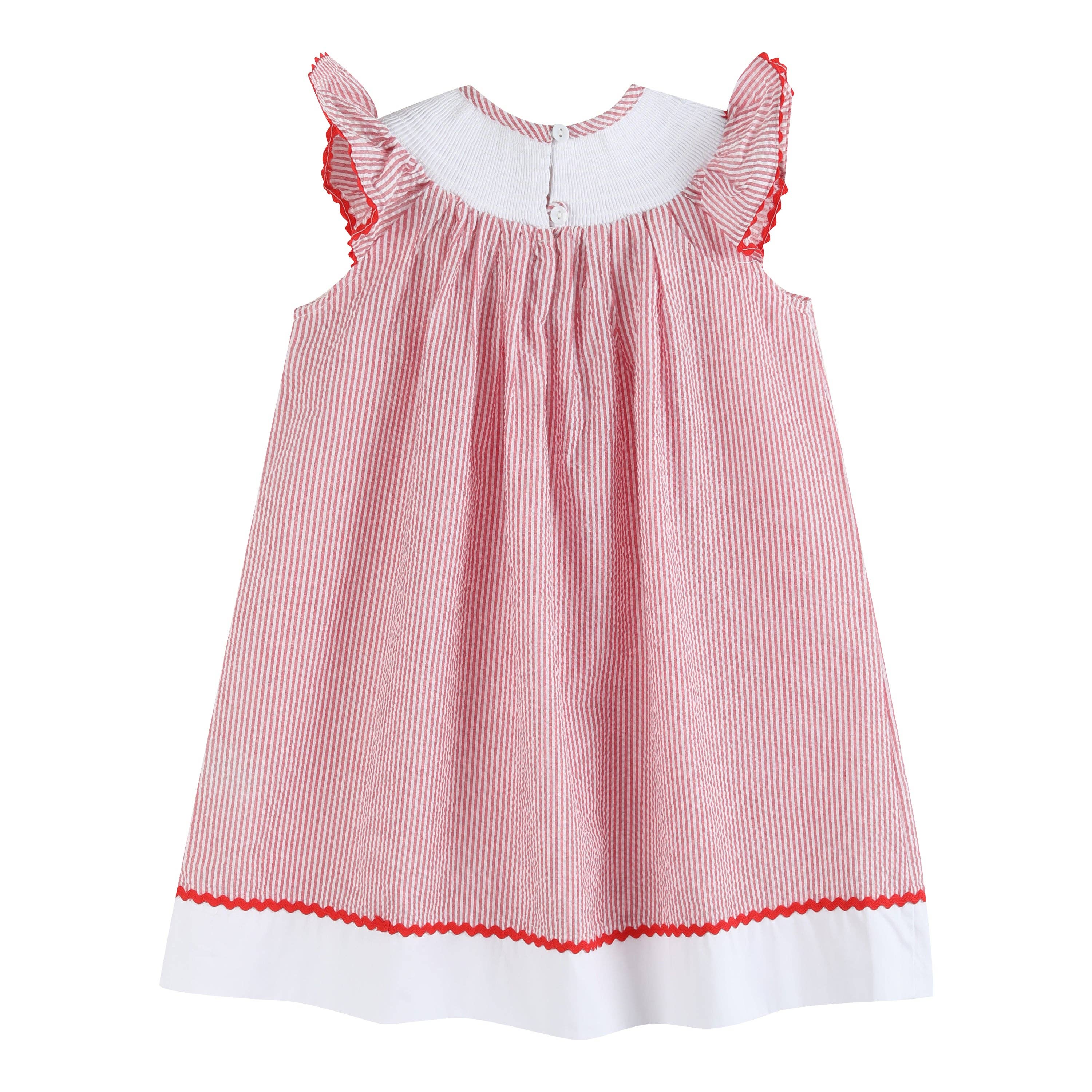 Lil Cactus - Vente Robe – enfant - Robe évêque smockée à fraises en seersucker rouge1