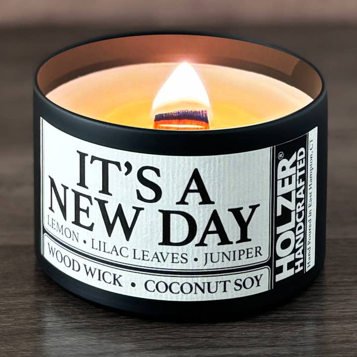 Wood Wick Candle It's A New Day - Lemon + Lilac Leaves + Juniper Scented | Natural | Hand-poured Coconut Soy Wax | 6 oz Modern Black Tin with Lid | Handmade | Non-toxic Phthalate-free Luxury Fragrance for wholesale by Holzer Handcrafted ®