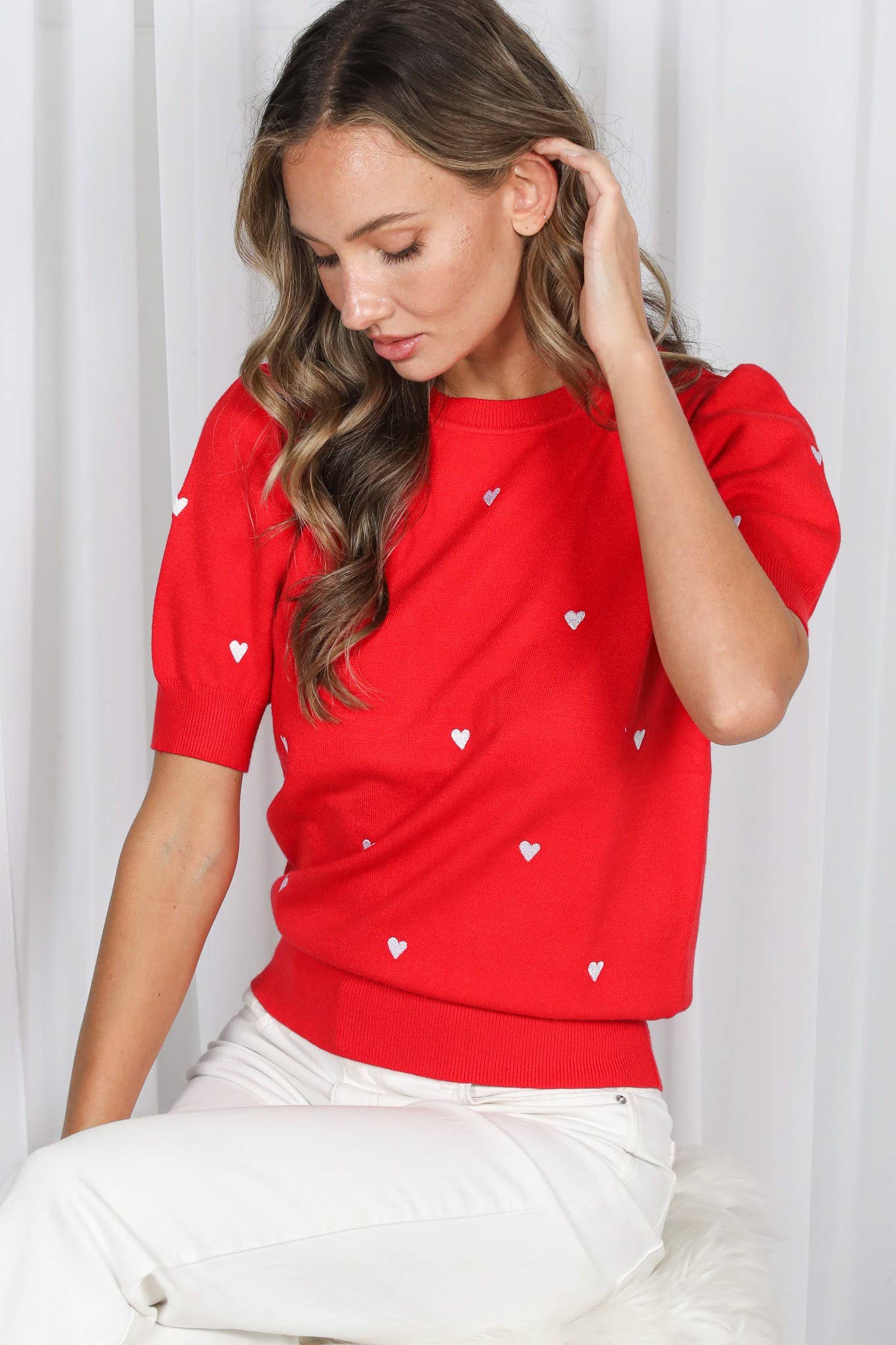 Vine & Love - Wholesale Knit Sweater - Women's - Sweetheart Embroidery Short Puff Knitted Sweater VT82686C8