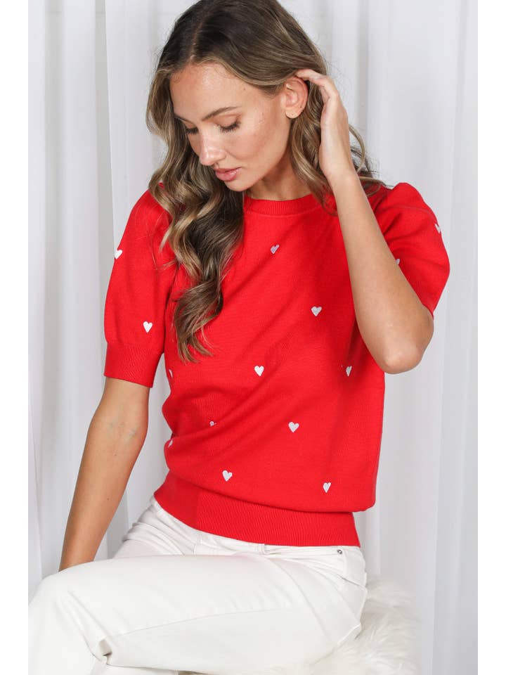 Vine & Love - Wholesale Knit Sweater - Women's - Sweetheart Embroidery Short Puff Knitted Sweater VT82686C8