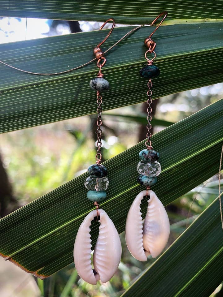 Cowrie Shell Drop Earrings With Turqouise And Quartz for wholesale by Alchemy and the Sea