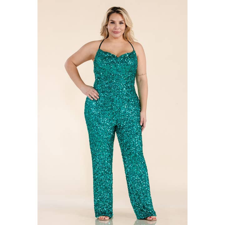 Curve Market - Wholesale Jumpsuit - Women's - PLUS SIZE SEQUIN COWL NECK CRISS CROSS BACK STRAGHT LEG JUMP