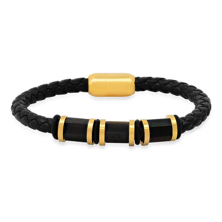 Steeltime Mens Black Braided Simulated Onyx Leather Bracelet for wholesale by Steeltime NYC