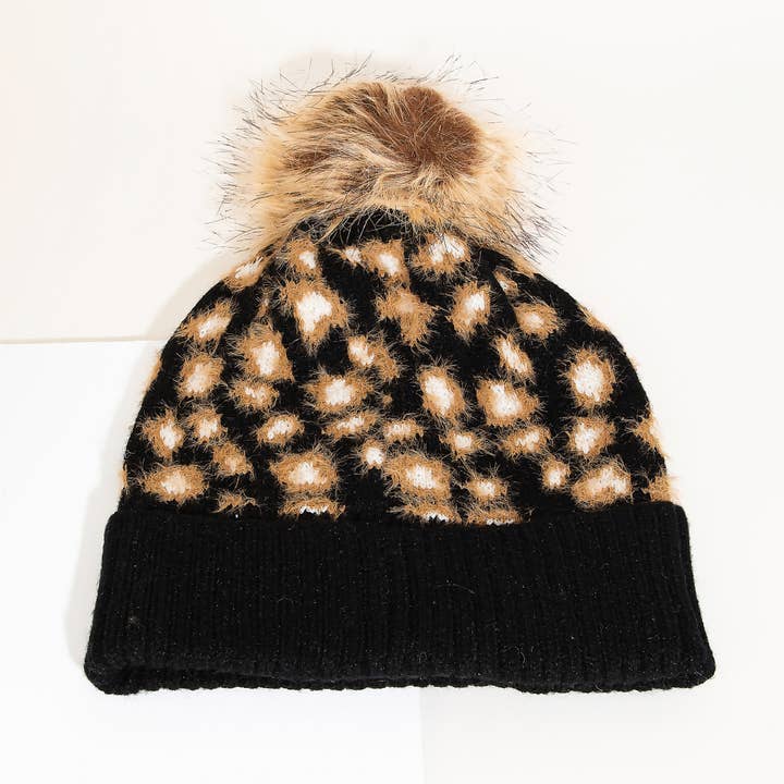 Collections by Fame Accessories - Wholesale Beanie - Women's - Leopard Print Knitted Pom Beanie