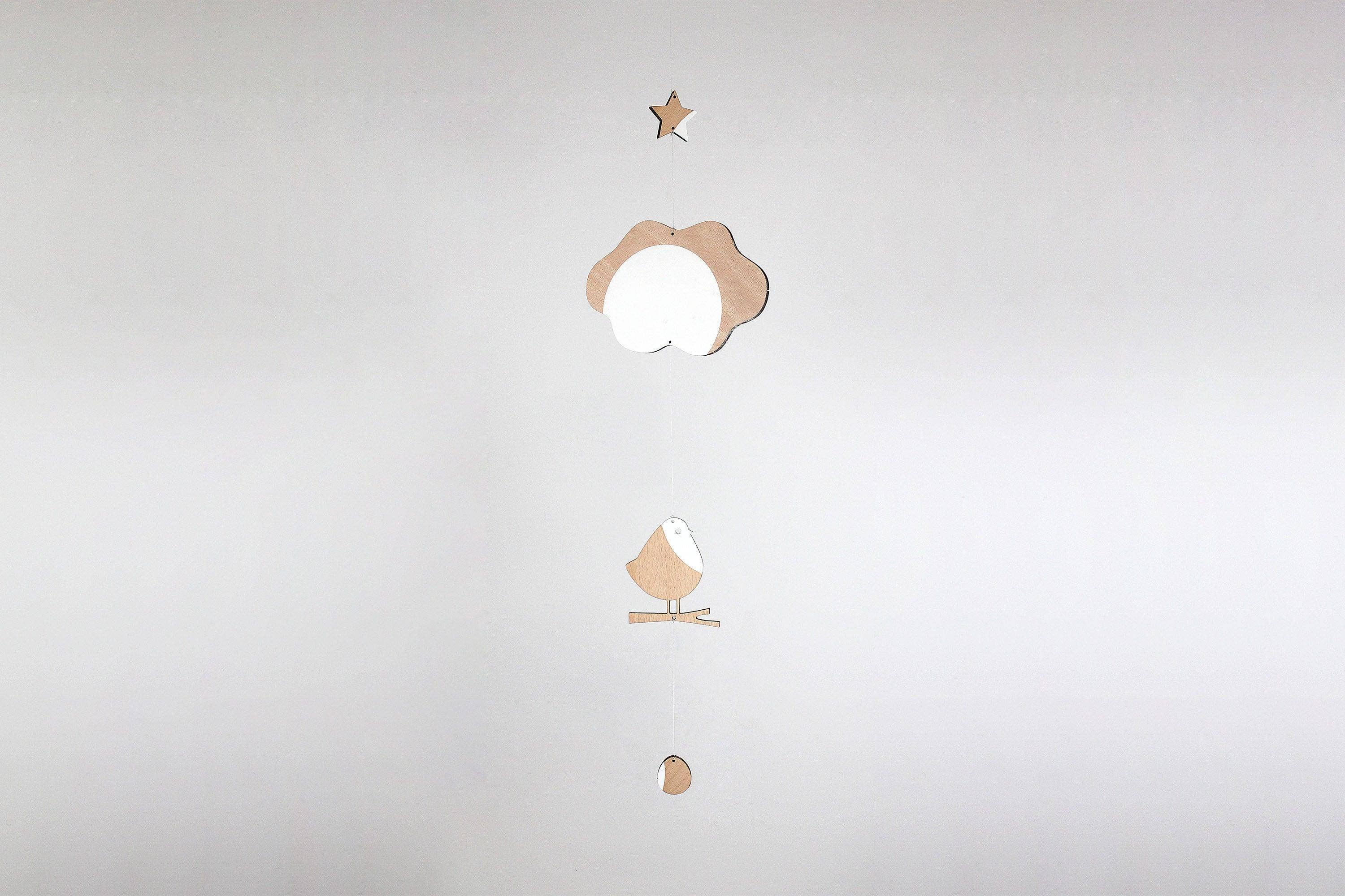 Reine Mère - Vente Mobile pour bébé - L'Oiseau et le Nuage - mobile en multipli hêtre1