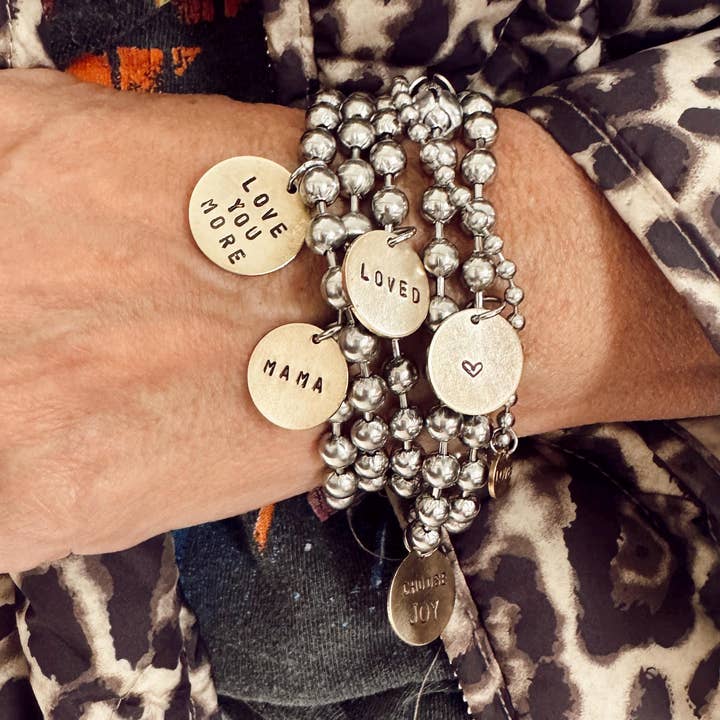 Personalized Stainless Steel & Brass Coin Tag Bracelets for wholesale by Sosobella Designs