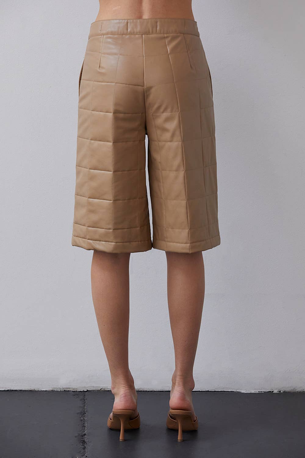 BEIGE CP8184 - Amanda Vegan Pu Leather Bermuda Quilted Shorts for wholesale on Faire2