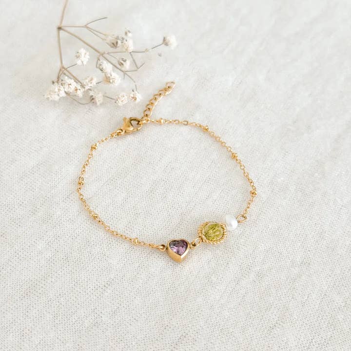 Saint Clairmont - Wholesale Beaded bracelet - Peridot, Pearl & Heart Bracelet - Gold1
