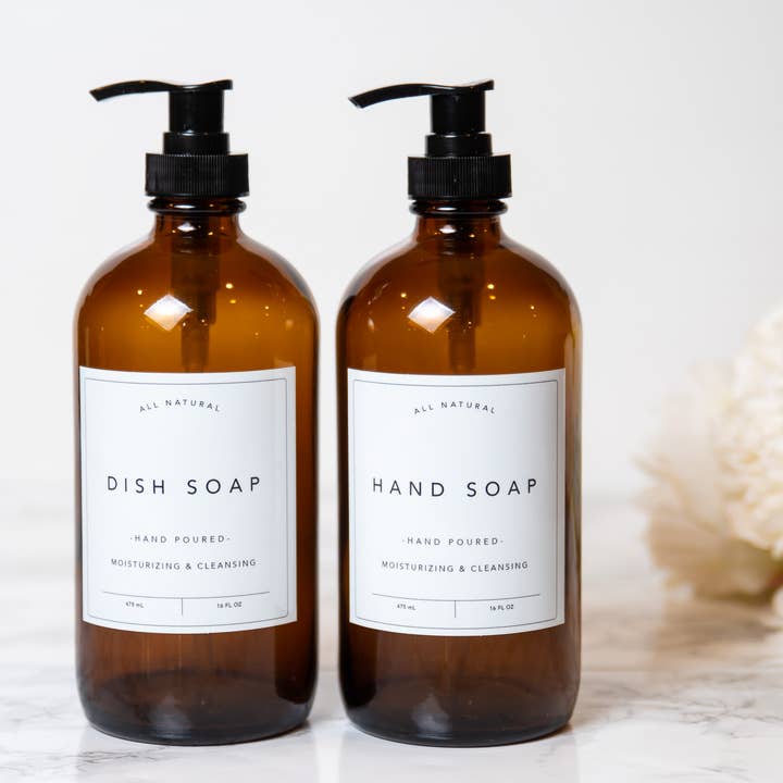 Joie Designs Co. | Refillable Bottles - Wholesale Soap Dispenser - Hand and Dish Soap Bottles - Classic Labels - Glass, Kitchen