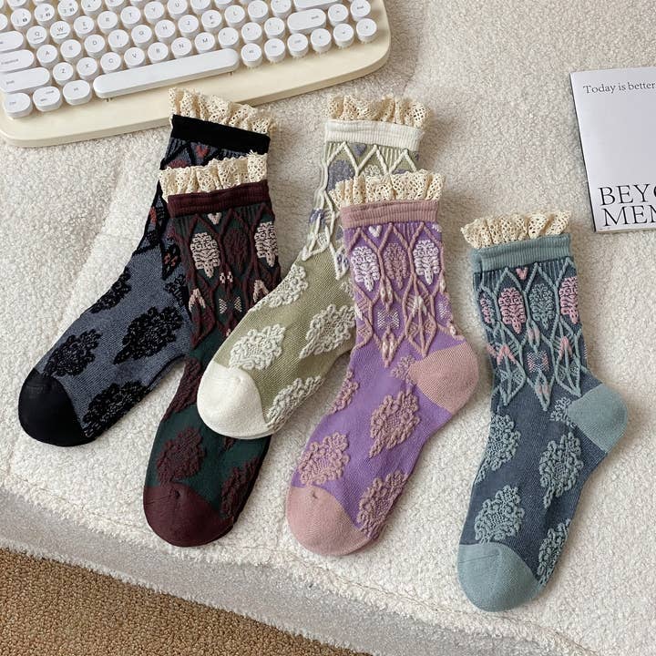 All-Season Vintage Lace-Trimmed Cotton Crew Socks for Women for wholesale by Happy Knits