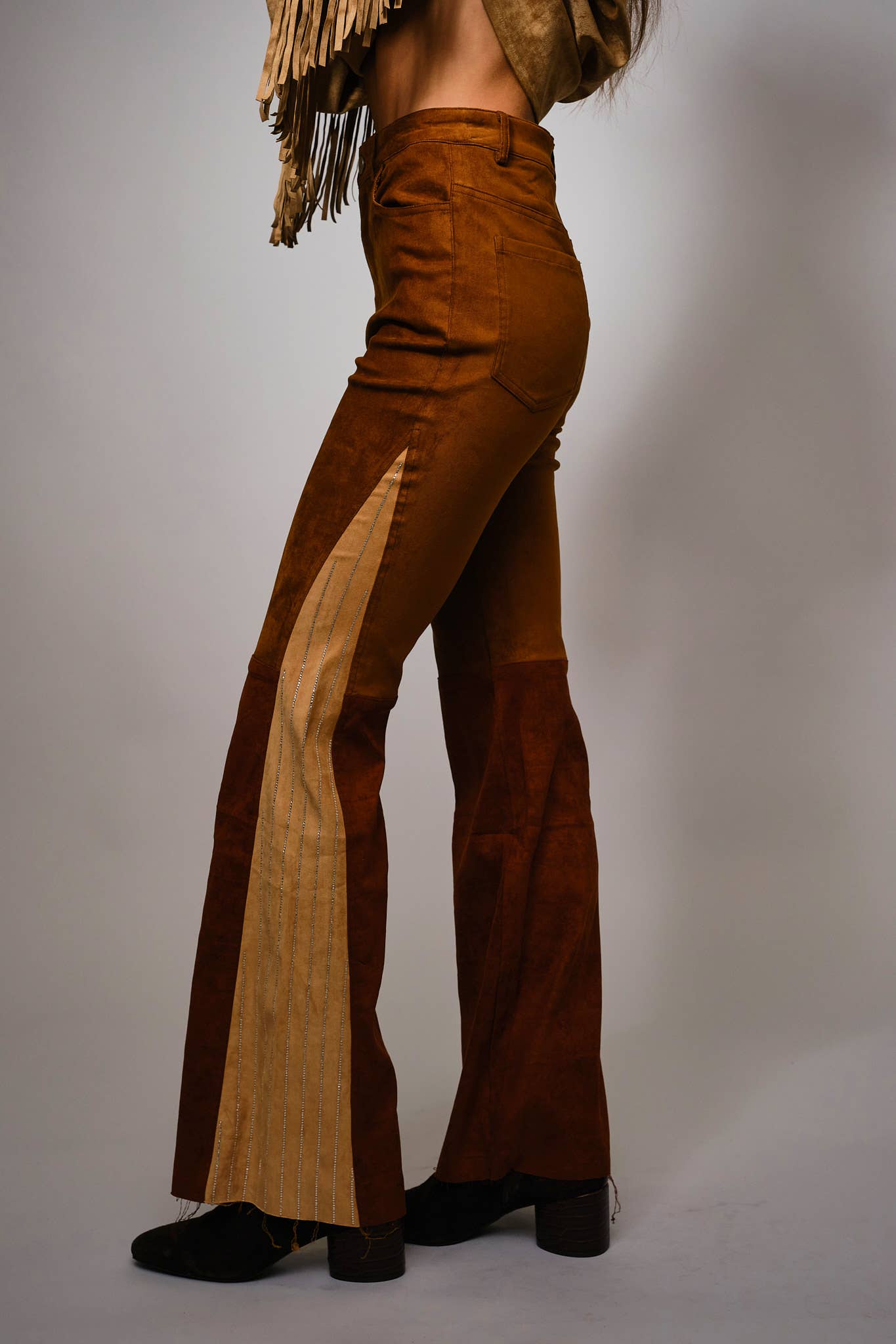 CAMEL BEIGE 22497P - ColorBlock Suede Bell Bottom Pants for wholesale on Faire2