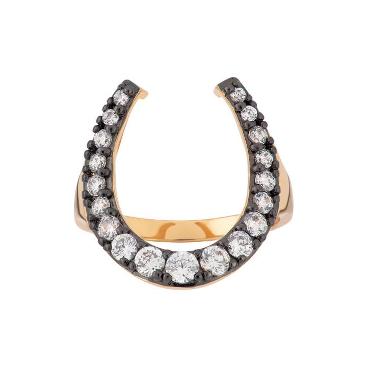 Black & Gold Horseshoe Ring with Clear Stones for wholesale on Faire