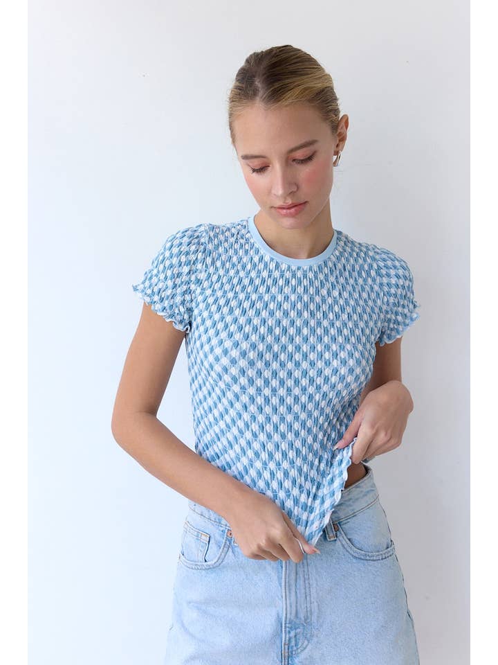 SEA BLUE WHITE SPAN GINGHAM TEE - MT3028Y for wholesale on Faire