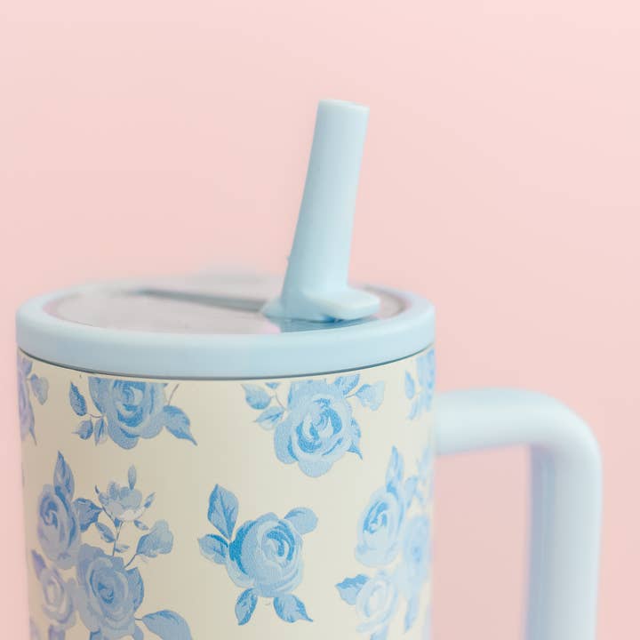 Rock Paper Scissors - Wholesale Insulated Mug/Tumbler - Cream & Blue Floral 40oz Tumbler with Spill Proof Lid