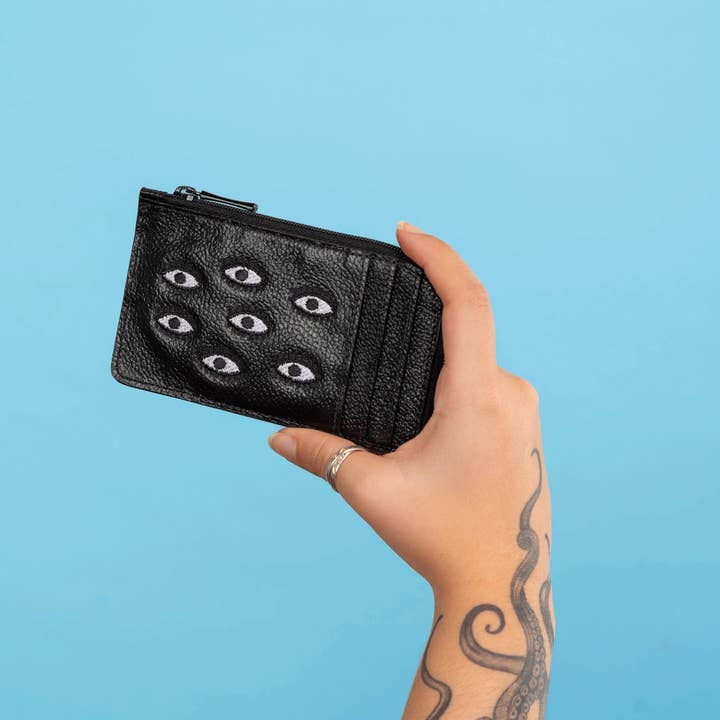 Min & Mon - Wholesale Card Holder - Women's - Fausto Black Leather Zip-around Cardholder - All Over Eyes Embroidery