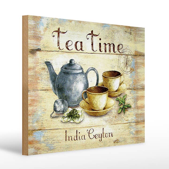 wooden sign tea 40x30cm Tea Time India Ceylon teapot for wholesale by Femer