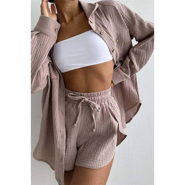 Conjunto de dos piezas de camisa holgada con cuello y cintura alta para venta al por mayor de Paperdoll