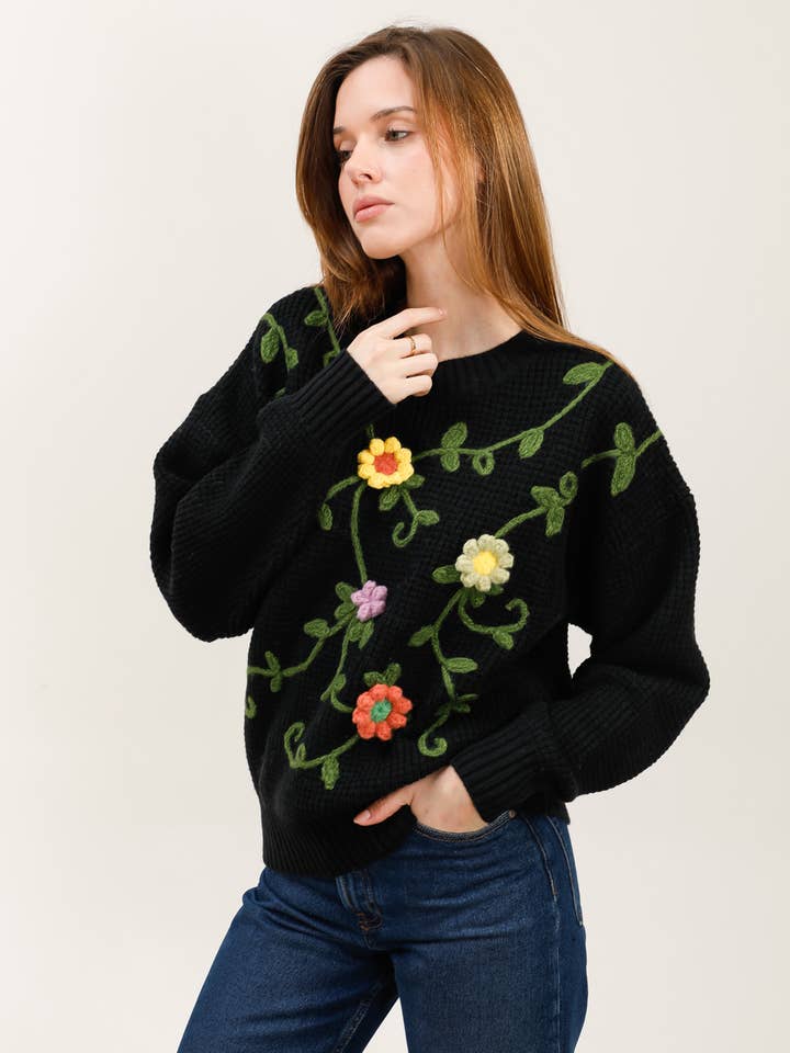 MOOYA - Wholesale Knit Sweater - Women's - Floral embroidery knit sweater - FM0011
