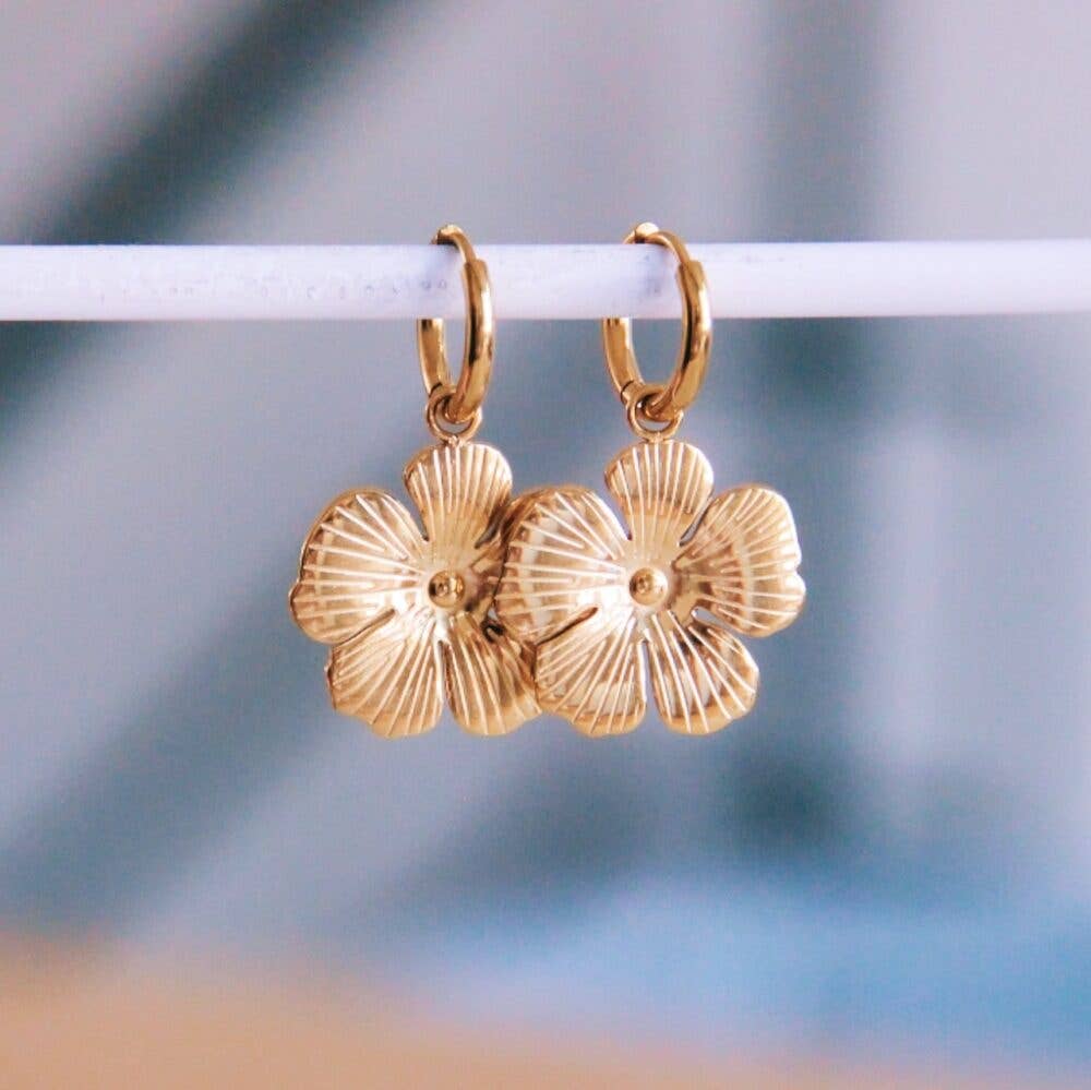 Bazou - Wholesale Hoop Earrings - Stainless steel hoop earrings with buttercup flower- gold0