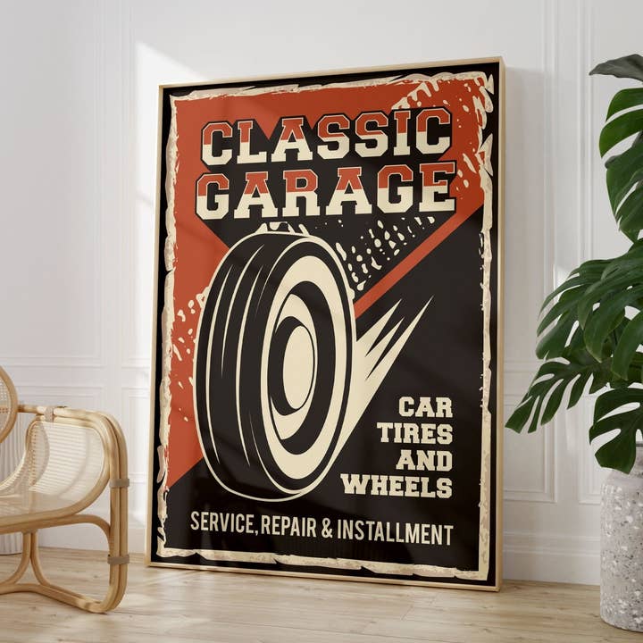 Car Tiles & Wheels Classic Garage Vintage Poster for wholesale by House of Binky