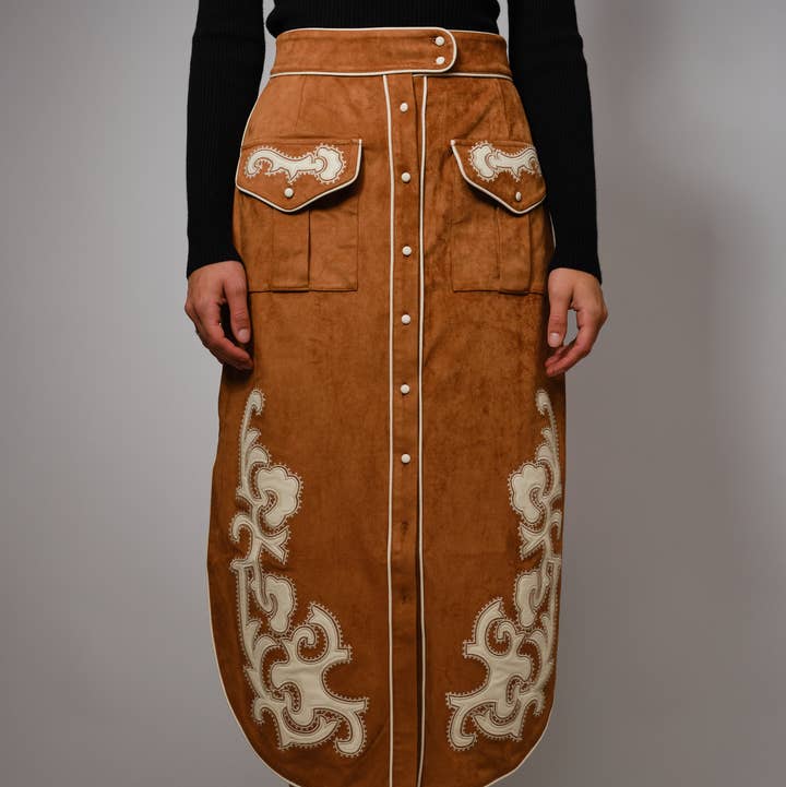 95595S - Suede Embroidered Patch Midi Skirt for wholesale by Blue B