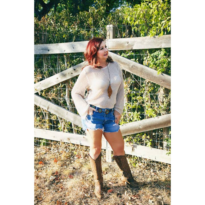 Hollow-Out Khaki Knit Long Sleeve Top for wholesale by Anita Marie Apparel