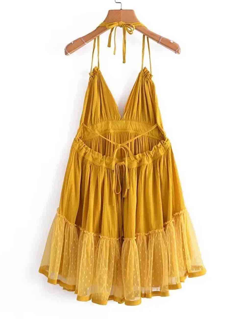 Sweetkama - Wholesale Dress - Women's - Ladies Solid Color V-Neck Mesh Dot Halter String Shoulder Mini Dress1