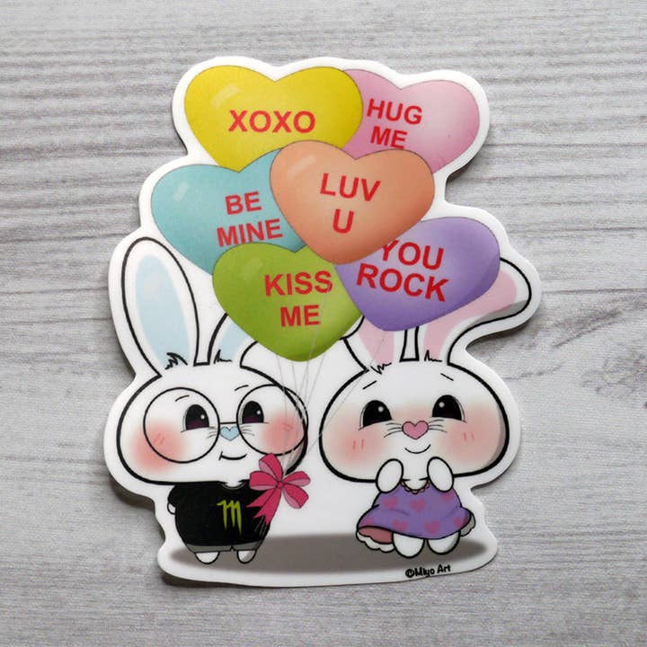 Ben-E & Bon-E Bunny with Conversation Heart Balloons Vinyl Sticker for wholesale by Miyo Art Design