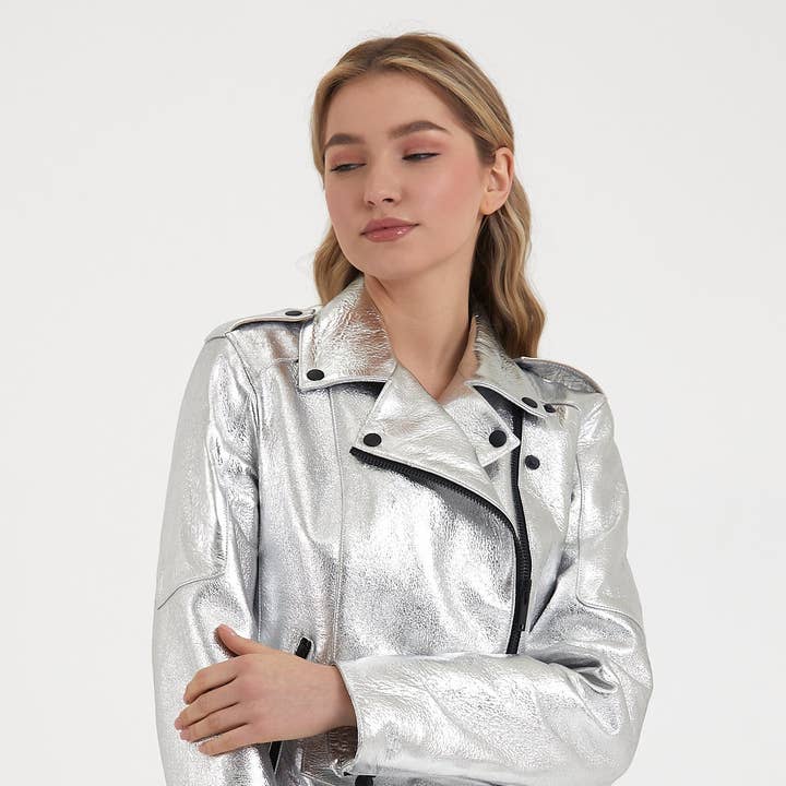 Metallic leather women's biker for wholesale by The Lud