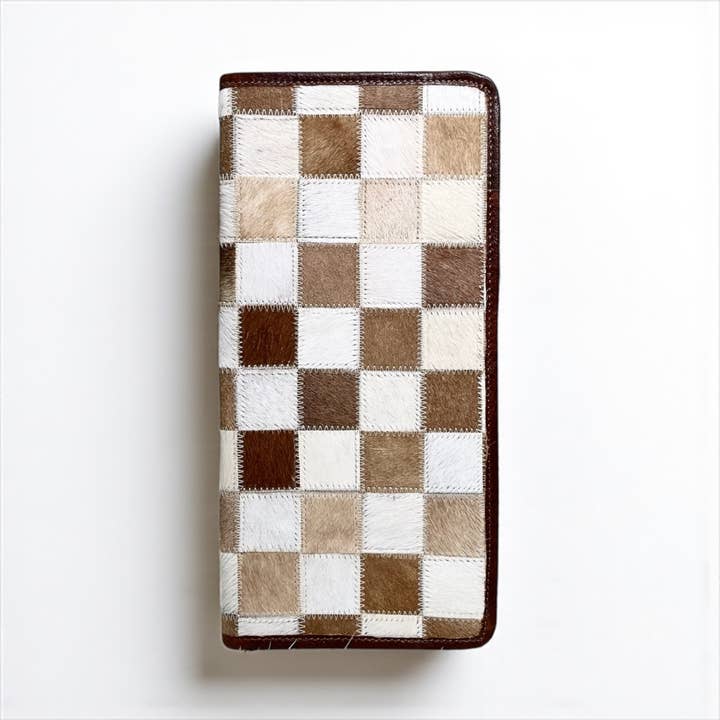 Tan checker cowhide jewelry wallets for wholesale by Western Linens