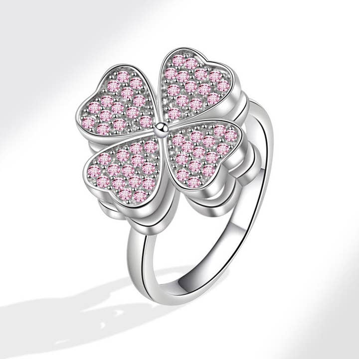 Perimade & Co. LLC - Wholesale Multi-Stone Ring - Pink Four Leaf Clover Fidget Spinner Ring in Solid Copper