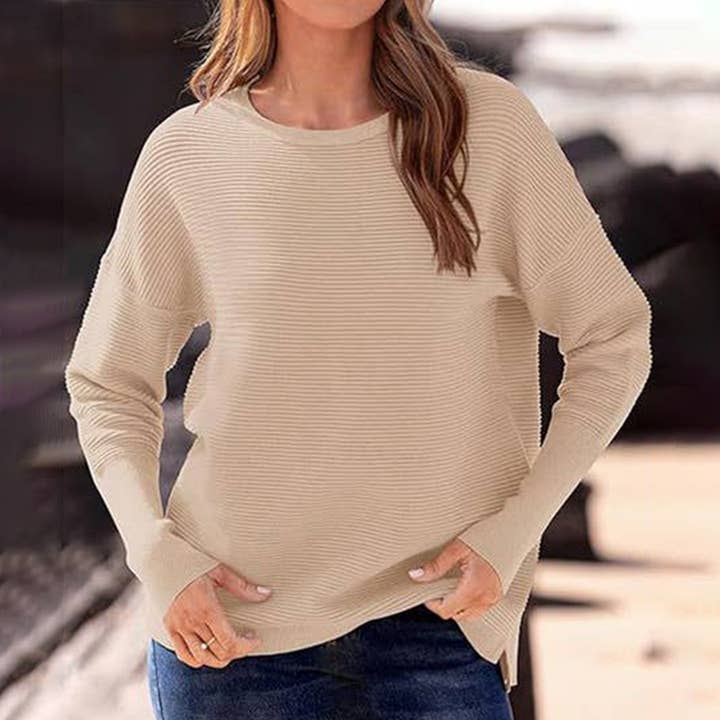 SOLID COLOR SWEATER WITH STRIPED CREW NECK for wholesale by Lily Clothing