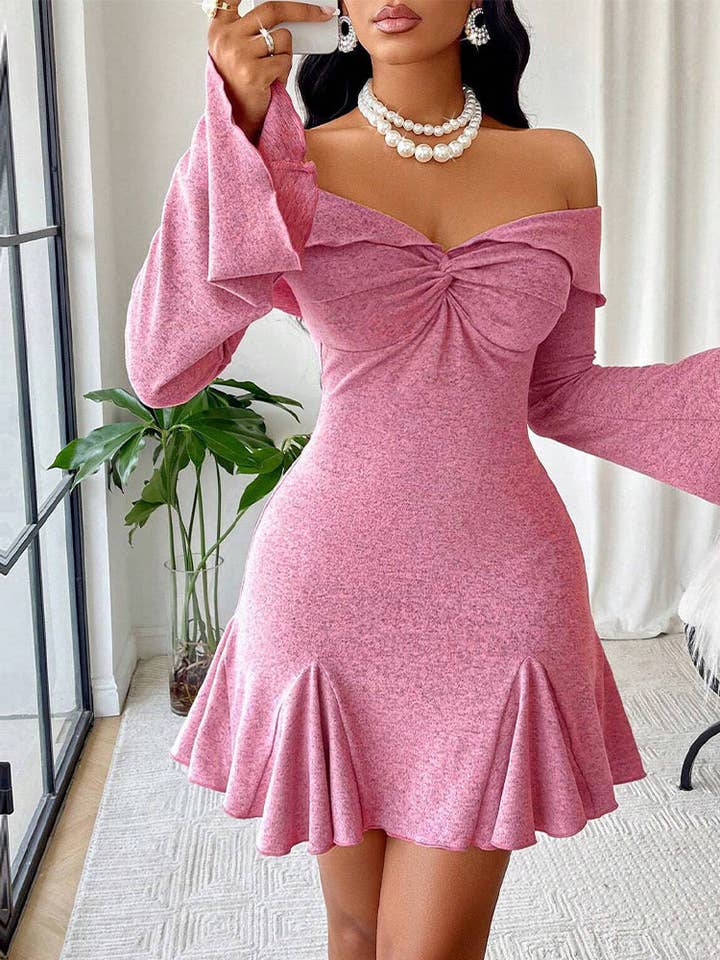 Autumn Winter Women Clothing Sexy Off Neck Bell Sleeve Short Party Dress for wholesale by Bella Nova Style Co