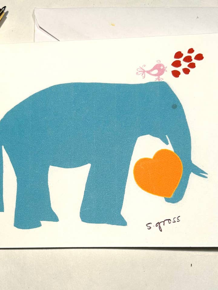 Carte de correspondance vierge à thème éléphant "Éléphant avec petit oiseau" pour la vente par Sue Gross Design Studio