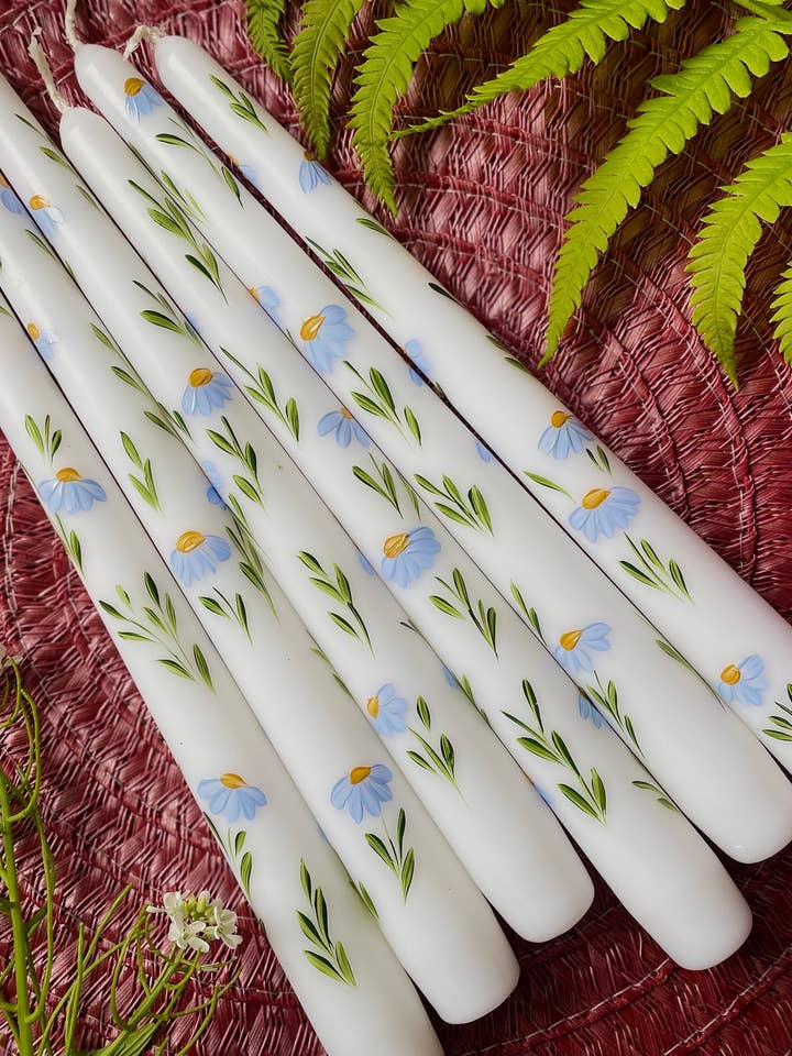 Set of 2 Hand Painted Blue Daisies Floral Taper Candles for wholesale by May20design